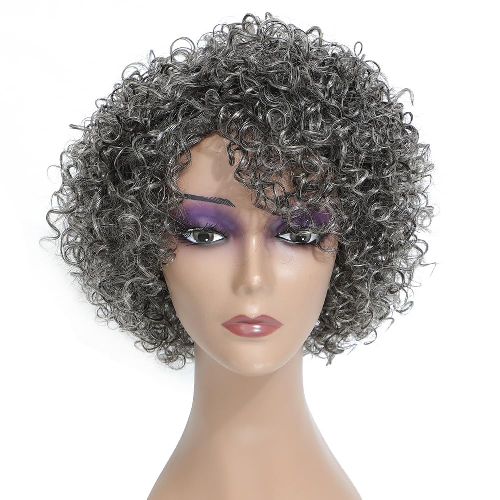 HUA grey glueless wig with short curly style for easy daily wear