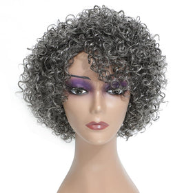 HUA grey glueless wig with short curly style for easy daily wear