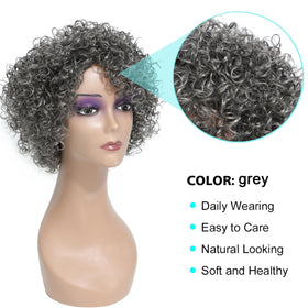 HUA grey glueless wig close up of short curly texture for daily use
