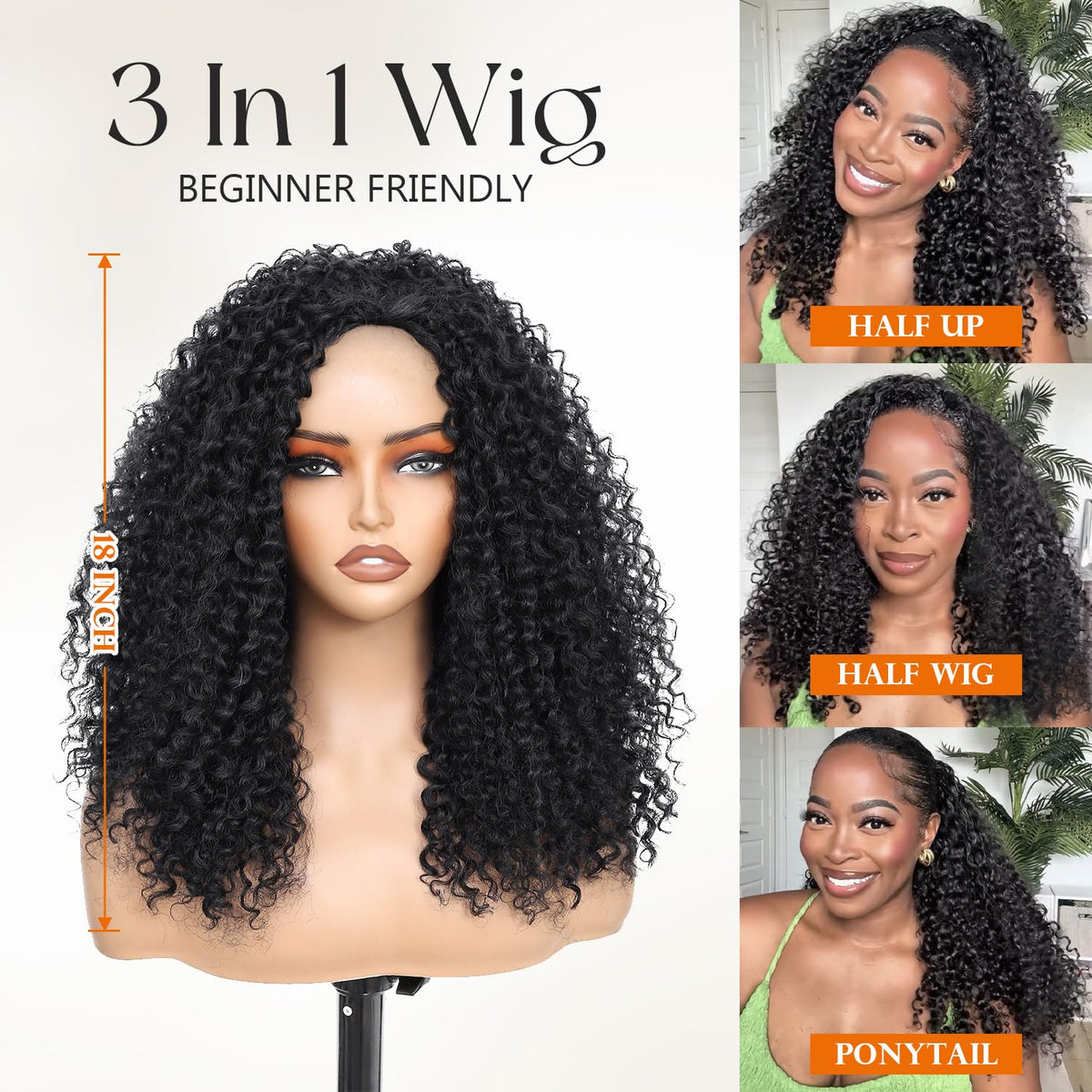 HUA seamless flip-over Burmese curly half wig offers easy, glue-free styling.