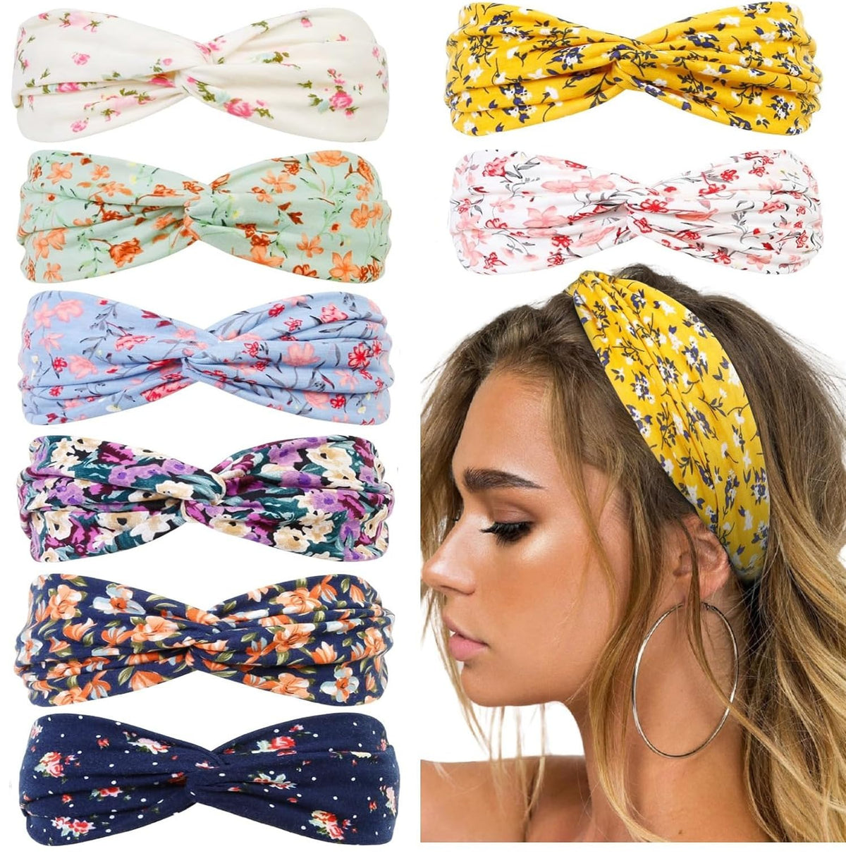 Huachi floral-print twist headband, beach-ready style, adds hair control and chic vibe.