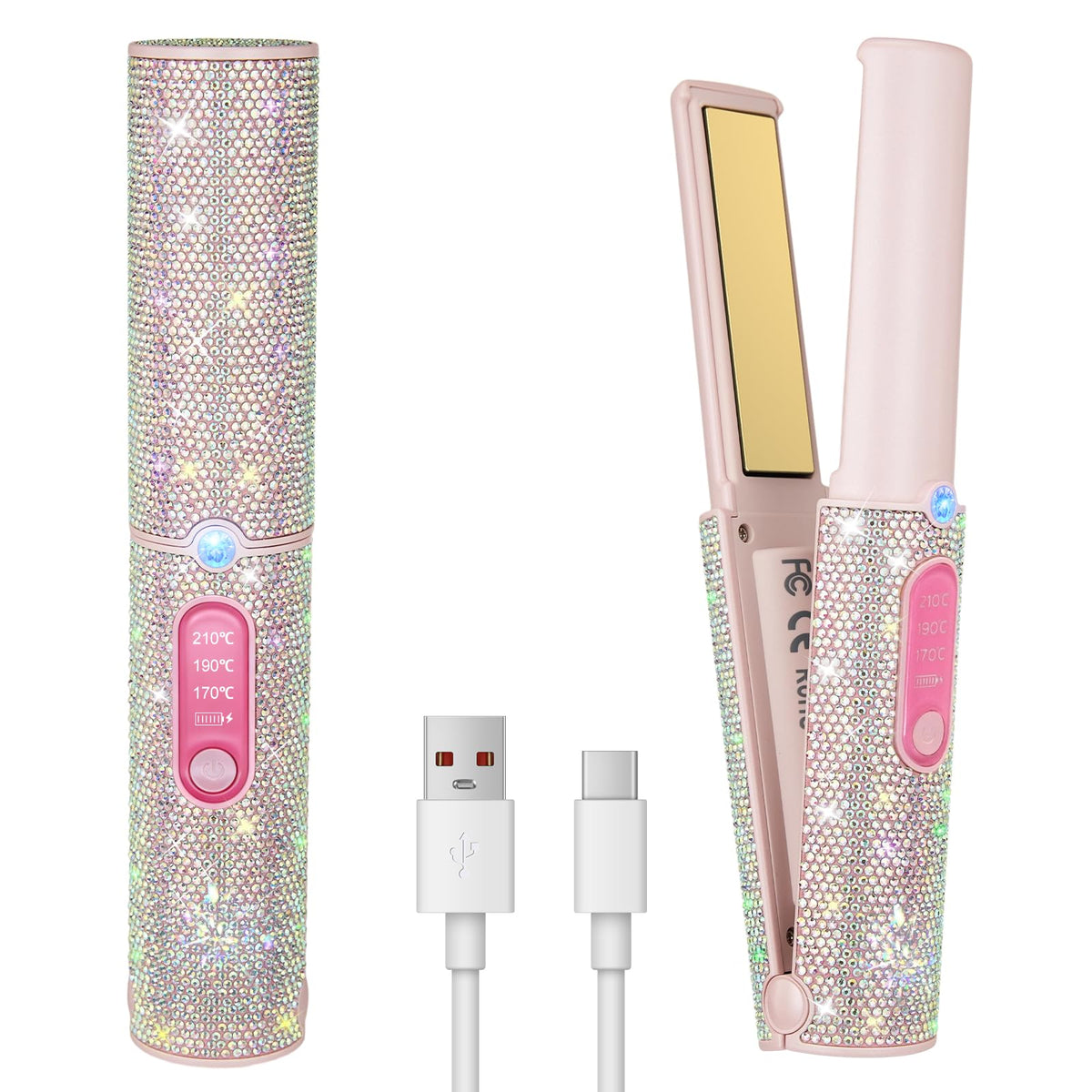 Huajun 2-in-1 cordless straightener curler with pink rhinestones for on-the-go styling