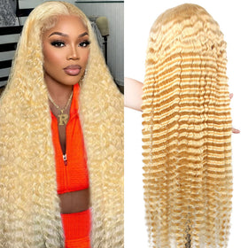 HUANGCAI 613 deep wave wig, front view, natural parting for versatile styling.