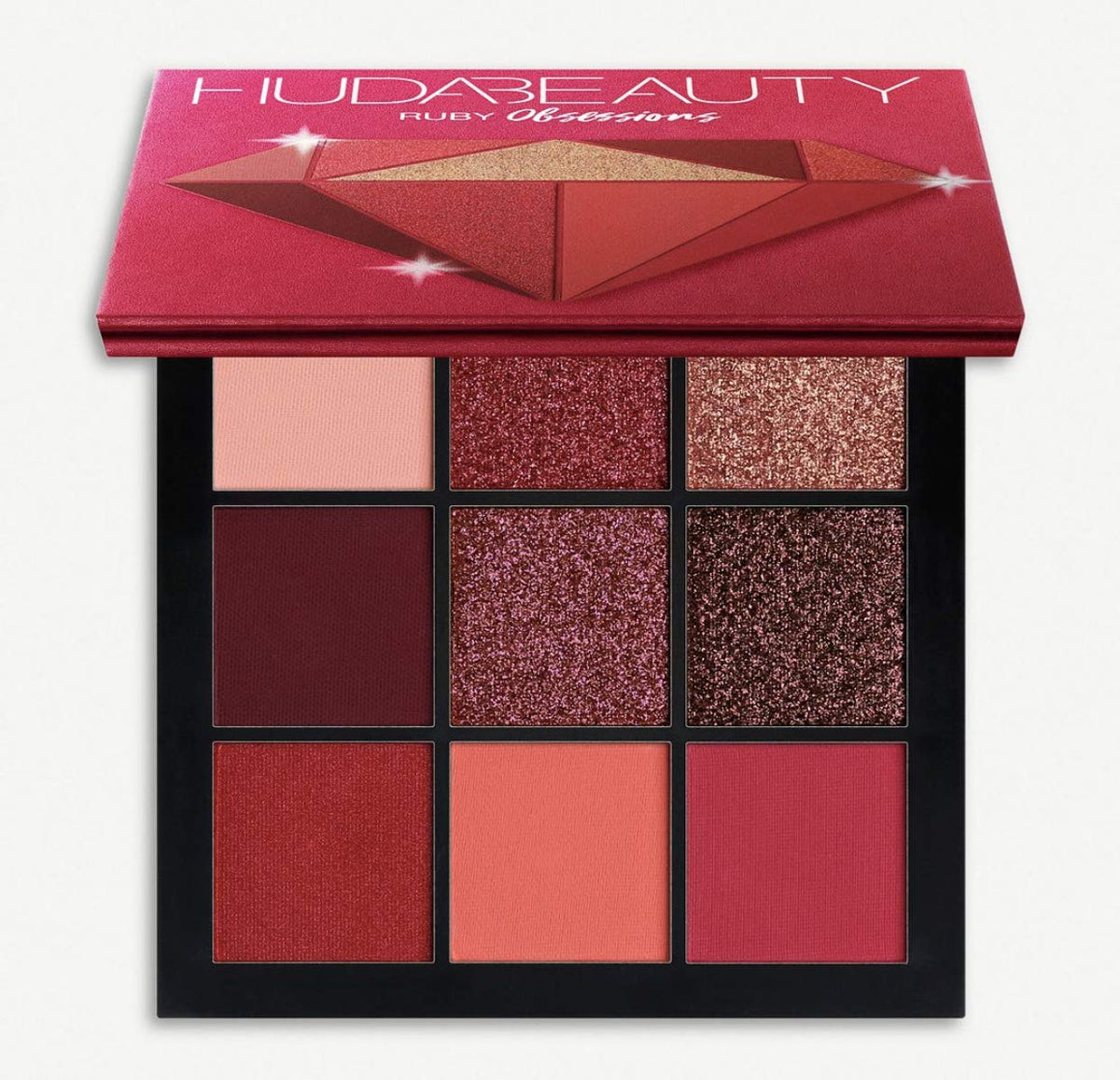 Huda Beauty Obsessions Ruby palette in a compact design for on-the-go eyeshadow looks