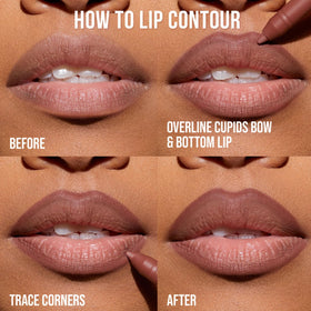 Huda Lip Contour Duo Pinkybrown swatch with flattering tone and staying power