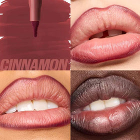Huda Lip Contour Stain Cinnamon application showing precise lip contour and matte finish.