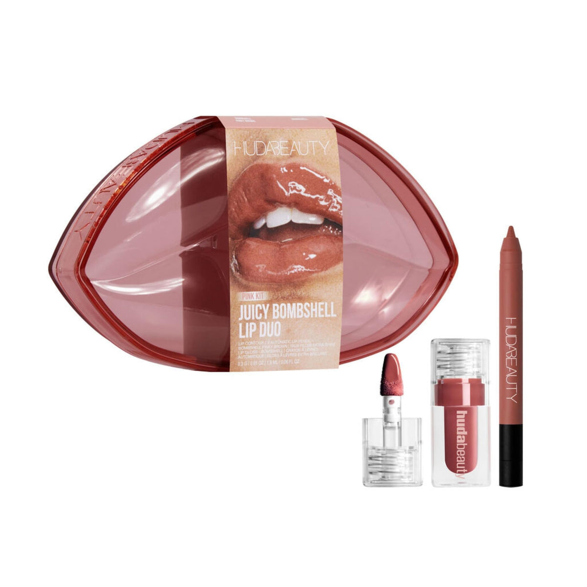 Huda Pink Kit Juicy Bombshell Lip Gloss swatch shows pinky brown shine.
