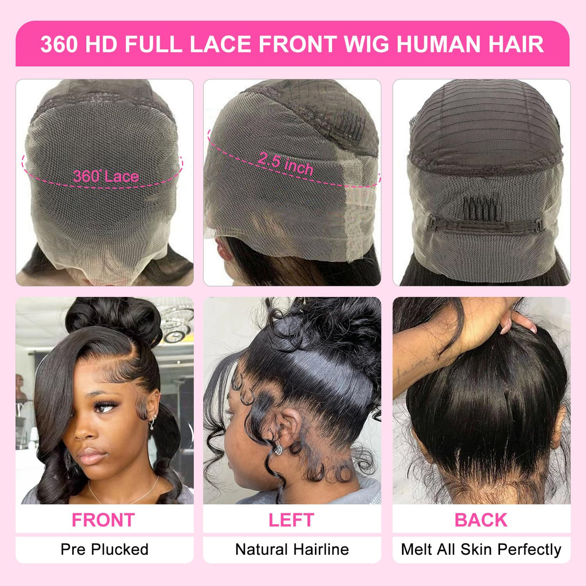 Hudier 360 Body Wave wig pre-plucked hairline close-up for seamless part