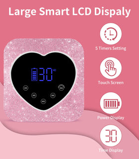 HUGMAPLE UV nail lamp digital display demonstrates timer options and battery level.