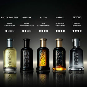 Hugo Boss Bottled Absolute Parfum Intense amber glow close-up evokes rich, sophisticated trail.