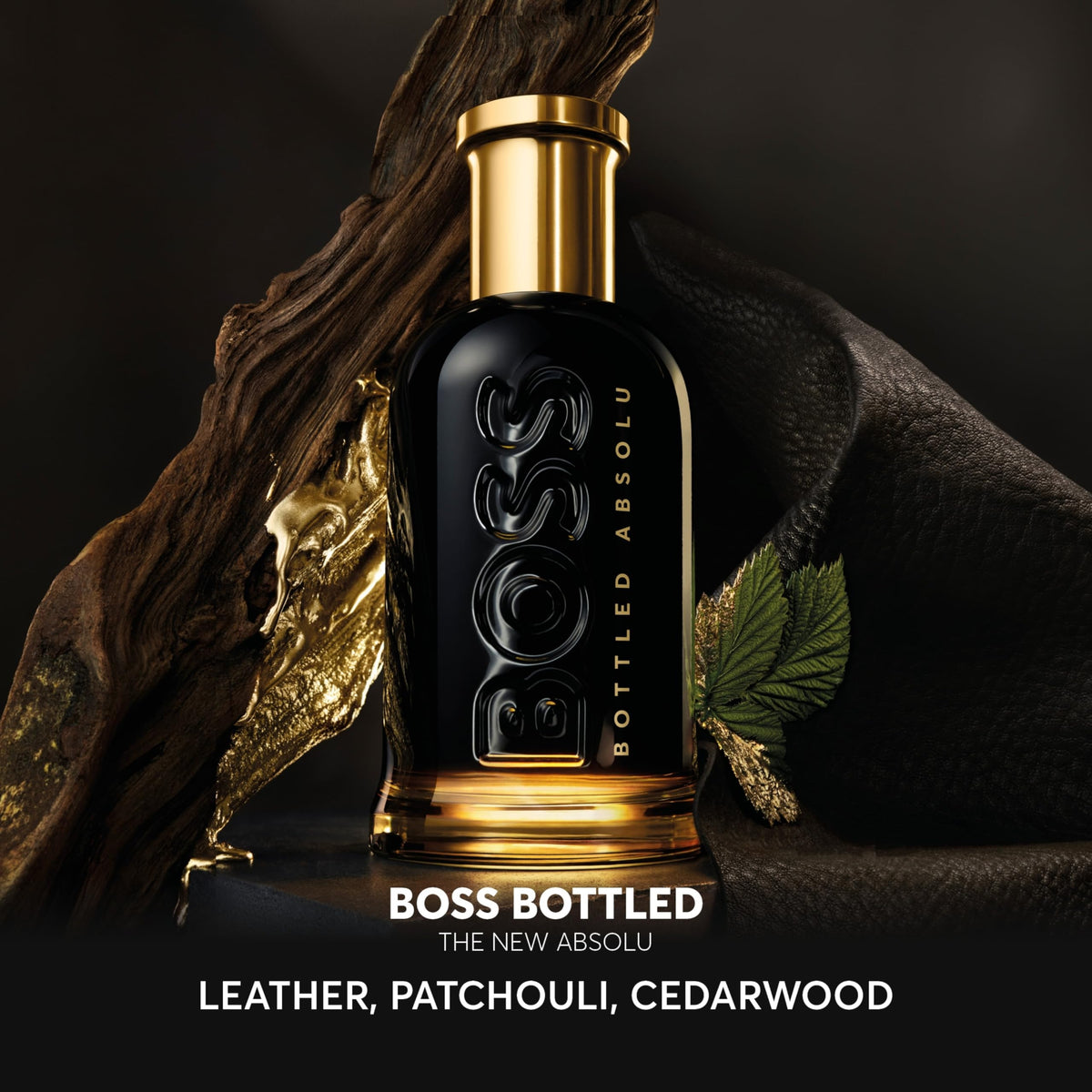 Hugo Boss Bottled Absolute Parfum Intense roasted leather accord close-up suggests bold, lasting presence.