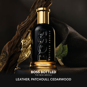 Hugo Boss Bottled Absolute Parfum Intense roasted leather accord close-up suggests bold, lasting presence.