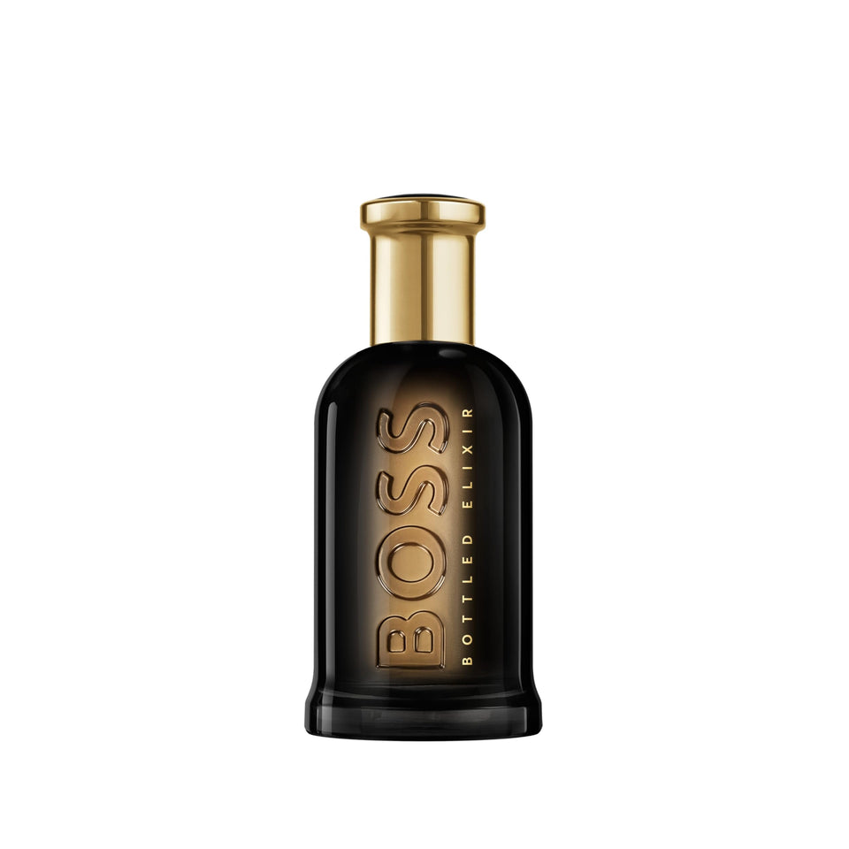 Hugo Boss Bottled Elixir bottle front with premium masculine design for confident evenings.