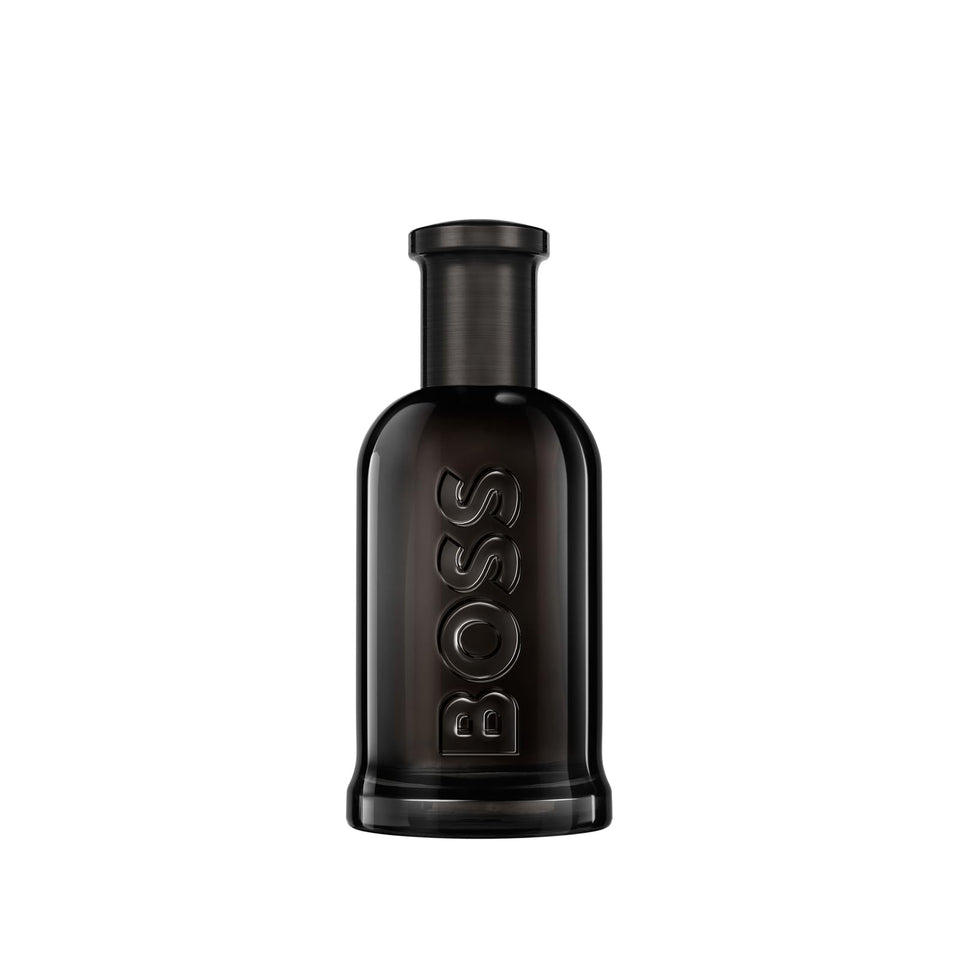 Hugo Boss Bottled Parfum bottle close-up highlighting its deep woody aroma for daily confidence.