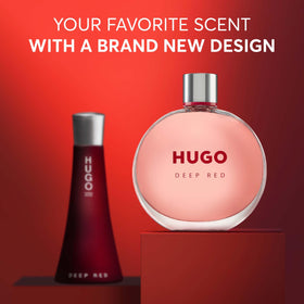 Hugo Boss Deep Red glass bottle on vanity evokes daily confidence and sensual mood