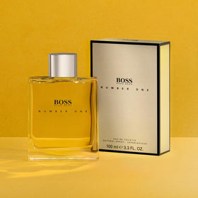 Hugo Boss Hugo No. 1 EDT bottle on warm wood tones for a lasting impression
