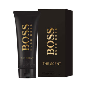 Hugo Boss The Scent Shower Gel packaging closeup highlighting elegant branding and textural detail.