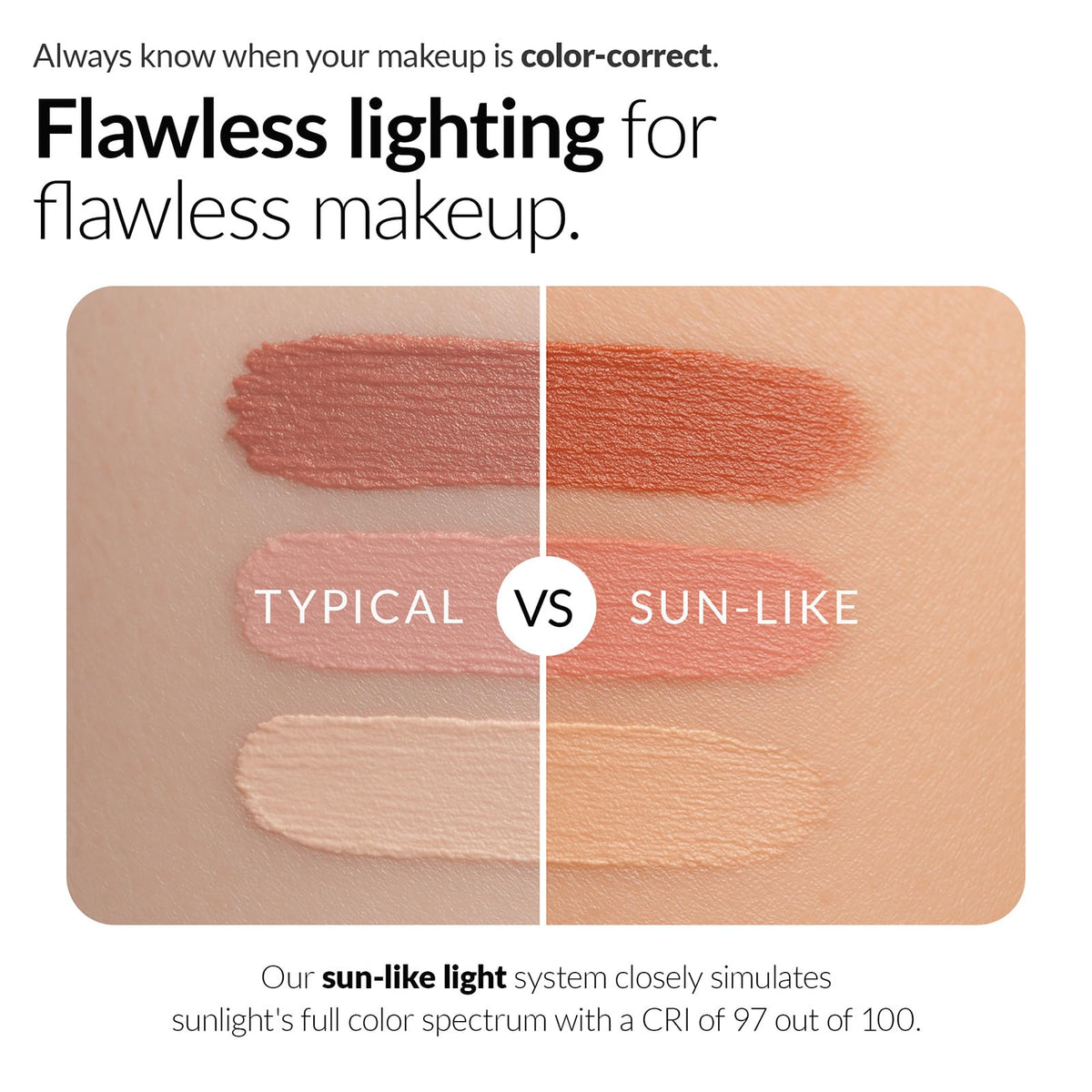 HUGOAI travel makeup mirror with 97+ CRI LEDs for natural daylight look.