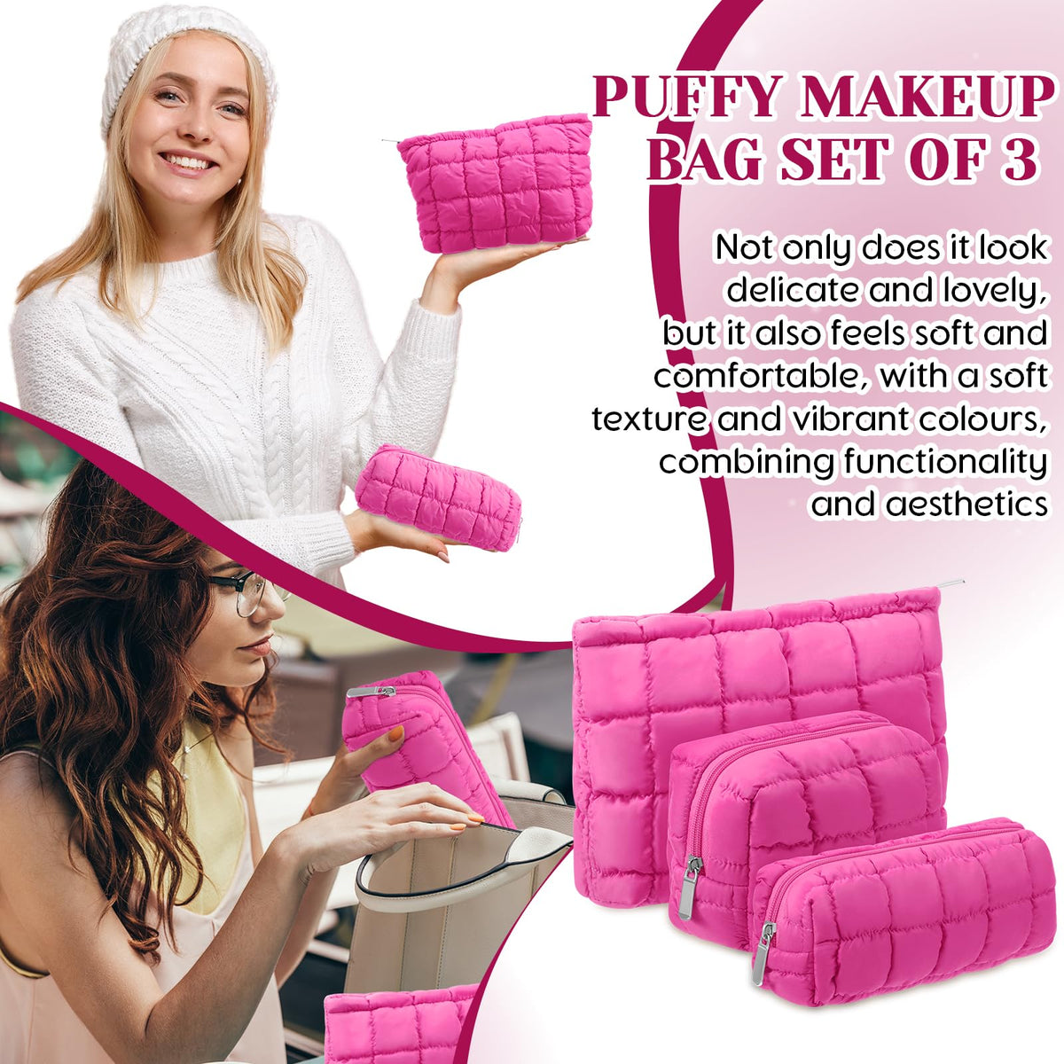 Huhumy hot pink makeup bag on counter for stylish everyday use.