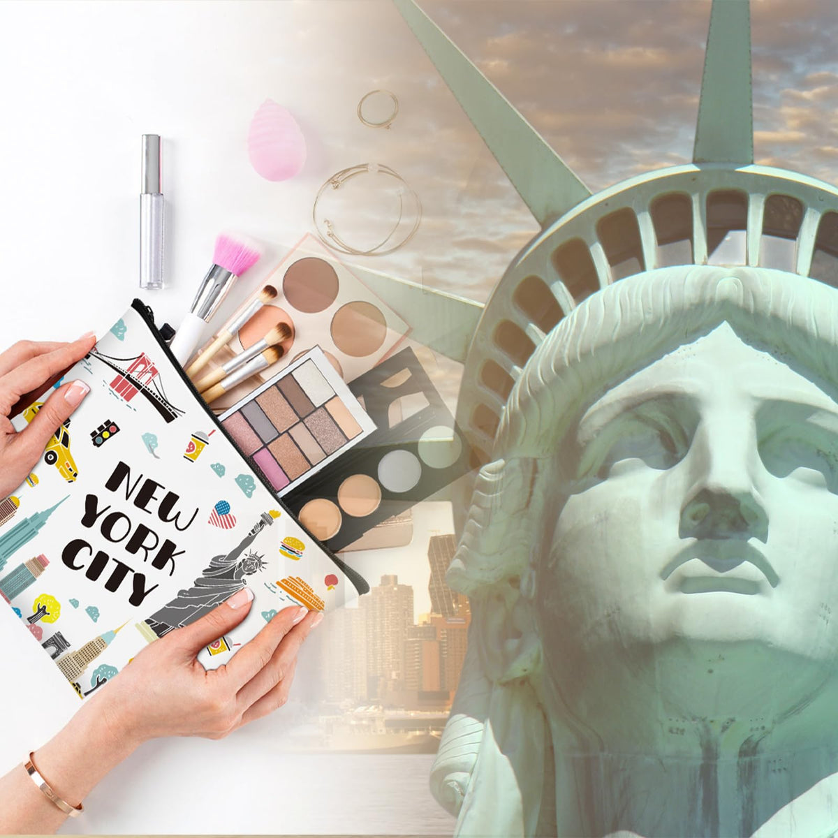 Huhumy New York cosmetic bag pattern 3 durable canvas with city design