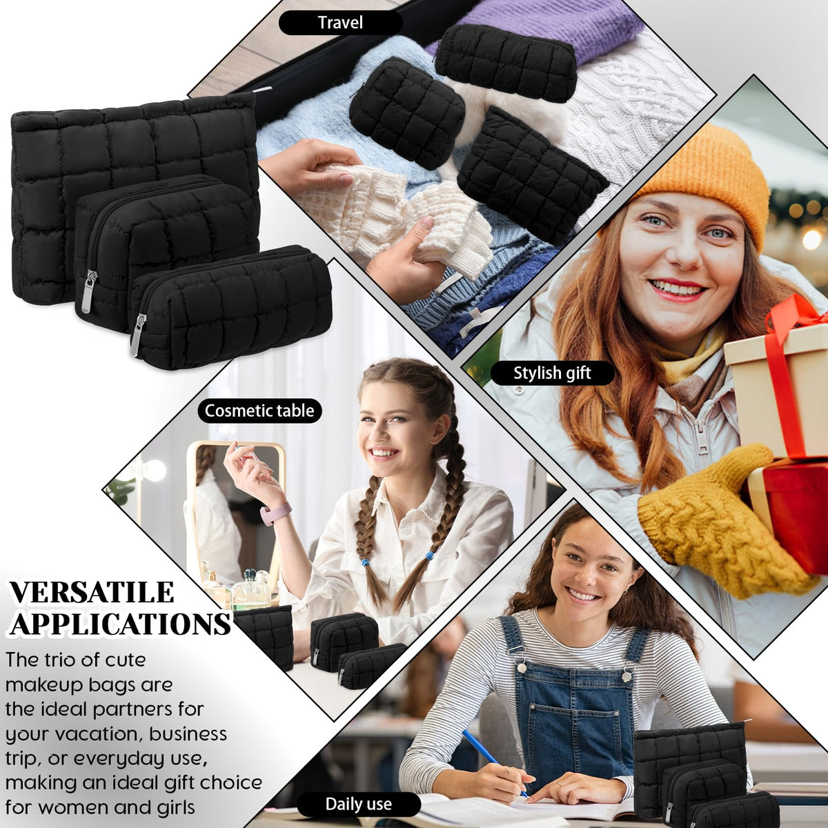 Huhumy compact pencil case in black quilted fabric for school or office.