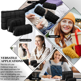 Huhumy compact pencil case in black quilted fabric for school or office.