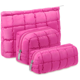 Huhumy Puffy makeup bag hot pink close-up shows plush texture for delicate cosmetics.