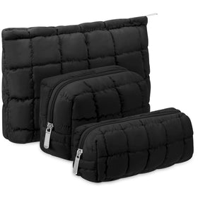 Huhumy Puffy makeup bag set in black quilted checkered design for travel organization.