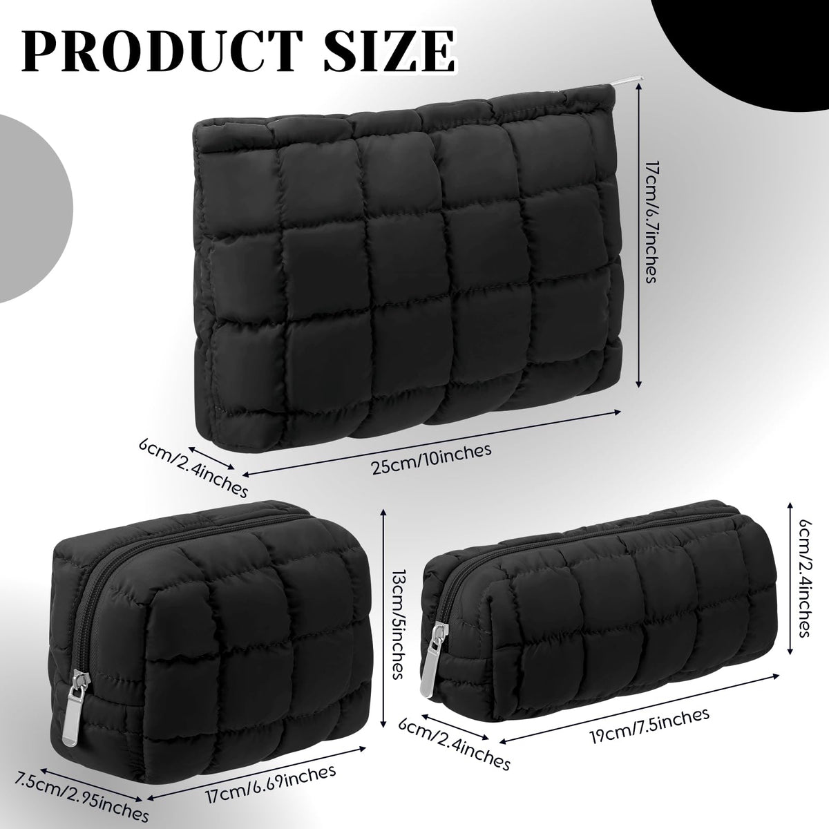 Huhumy large quilted pouch in black for cosmetics and brushes on trips.