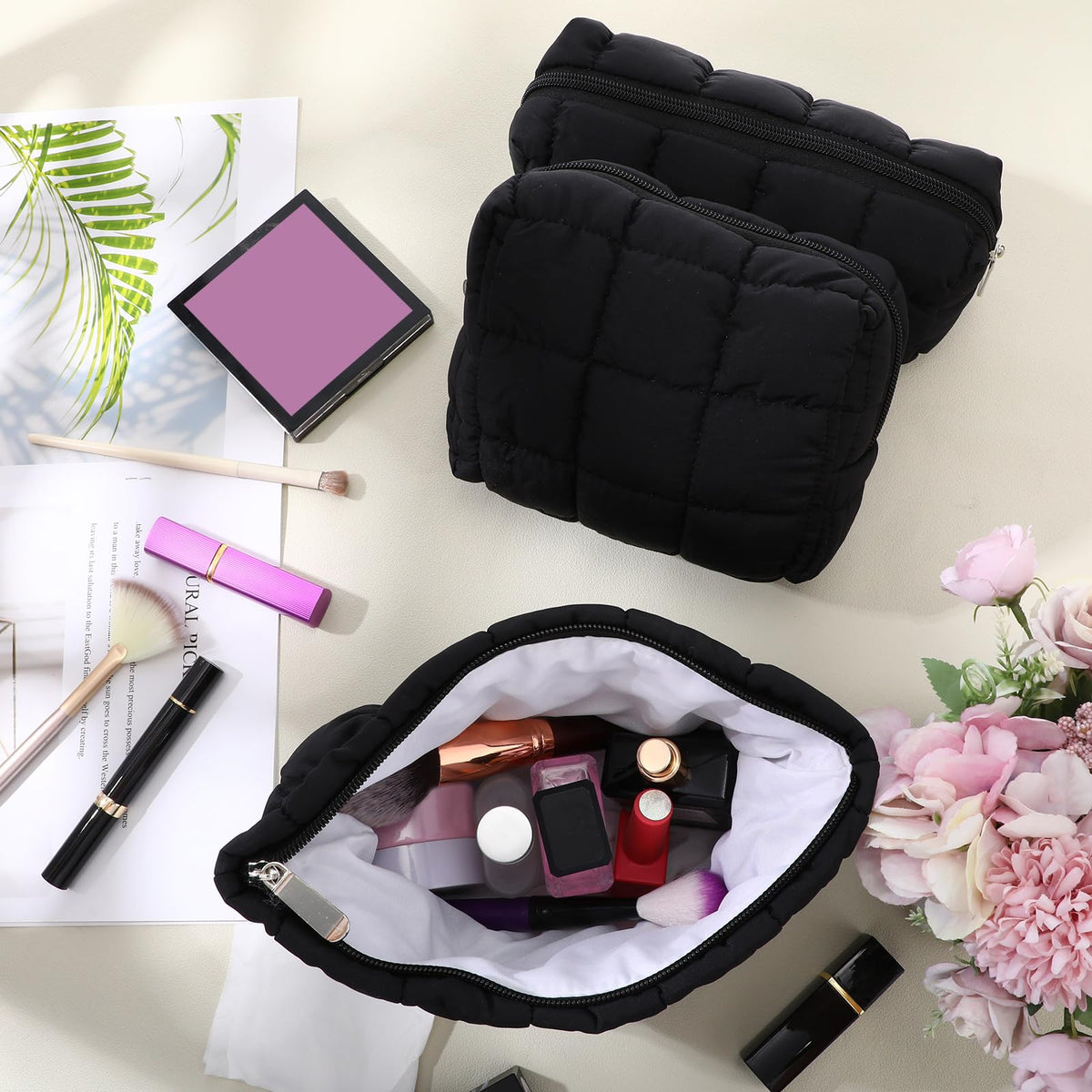 Huhumy small quilted pouch in black for pencils and tiny accessories.