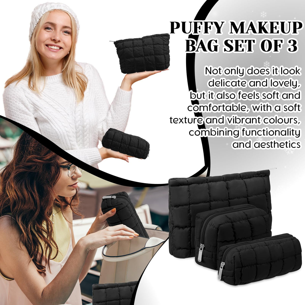 Huhumy travel toiletry bag with quilted exterior and secure zipper.