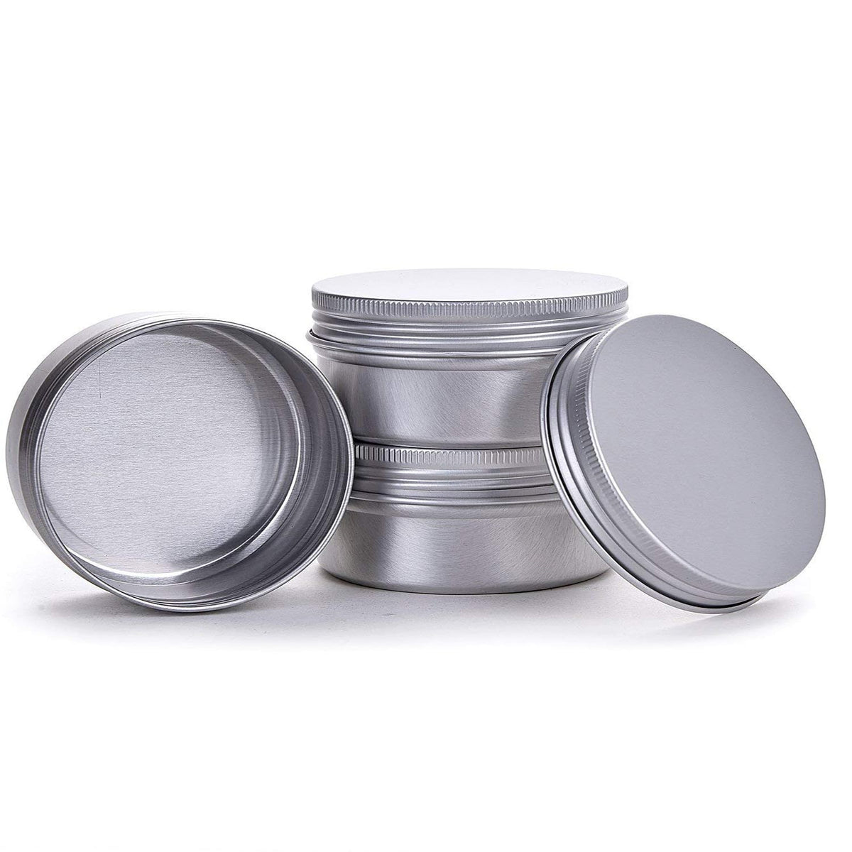 Hulless round tin container with silver finish for cosmetics storage and portability.