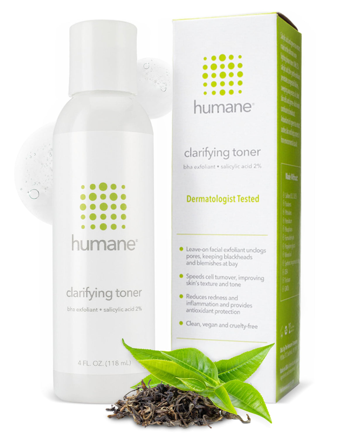Humane Clarifying Toner bottle front view, suited for all skin types.