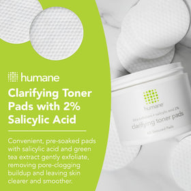 Humane Clarifying Toner Pad applied to pores reduces buildup and refines skin's appearance.