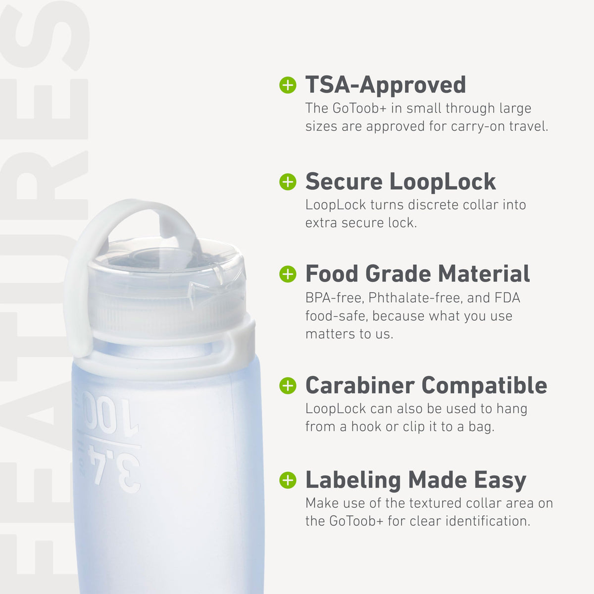 GoToob+ carabiner compatibility lets you clip bottles on packs
