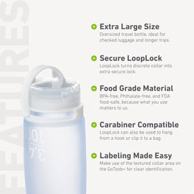 humangear GoToob+ XL bottle carabiner-compatible for convenient packing.