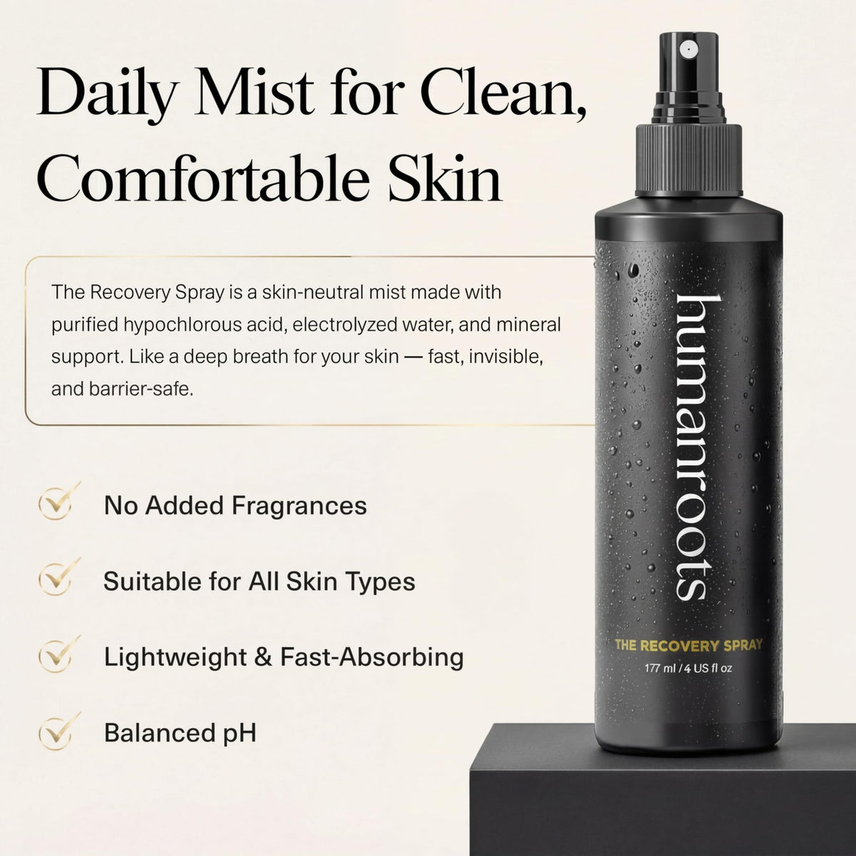 Humanroots face mist application mid-routine for quick refresh without residue.