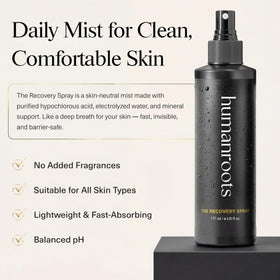 Humanroots face mist application mid-routine for quick refresh without residue.