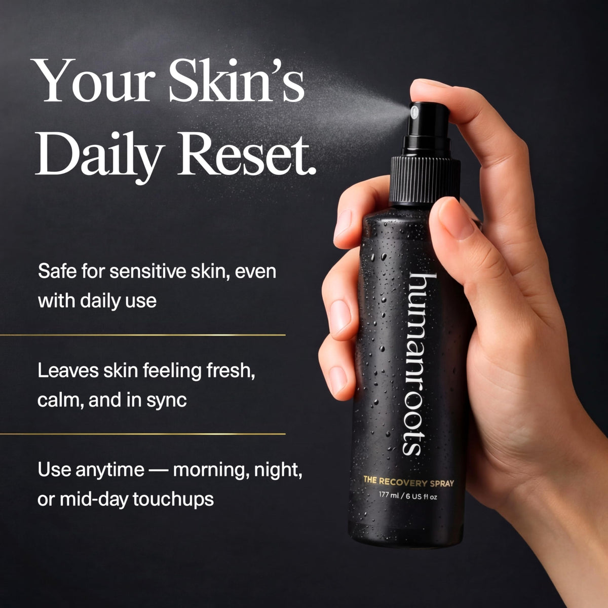 Humanroots fragrance-free face mist bottle emphasizes gentle hydration for sensitive skin.