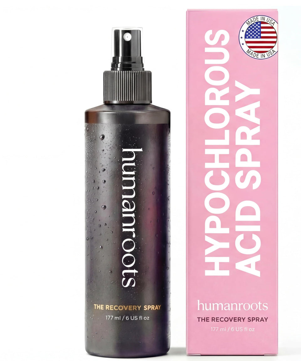 Humanroots hypochlorous facial spray bottle delivering lightweight hydration after cleansing.