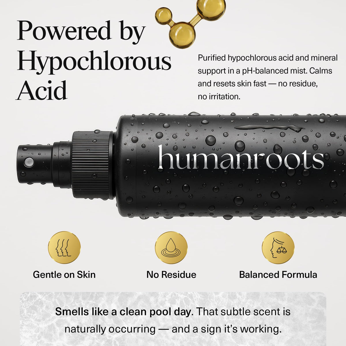 Humanroots electrolyzed water spray on skin promoting balanced, non-greasy feel.