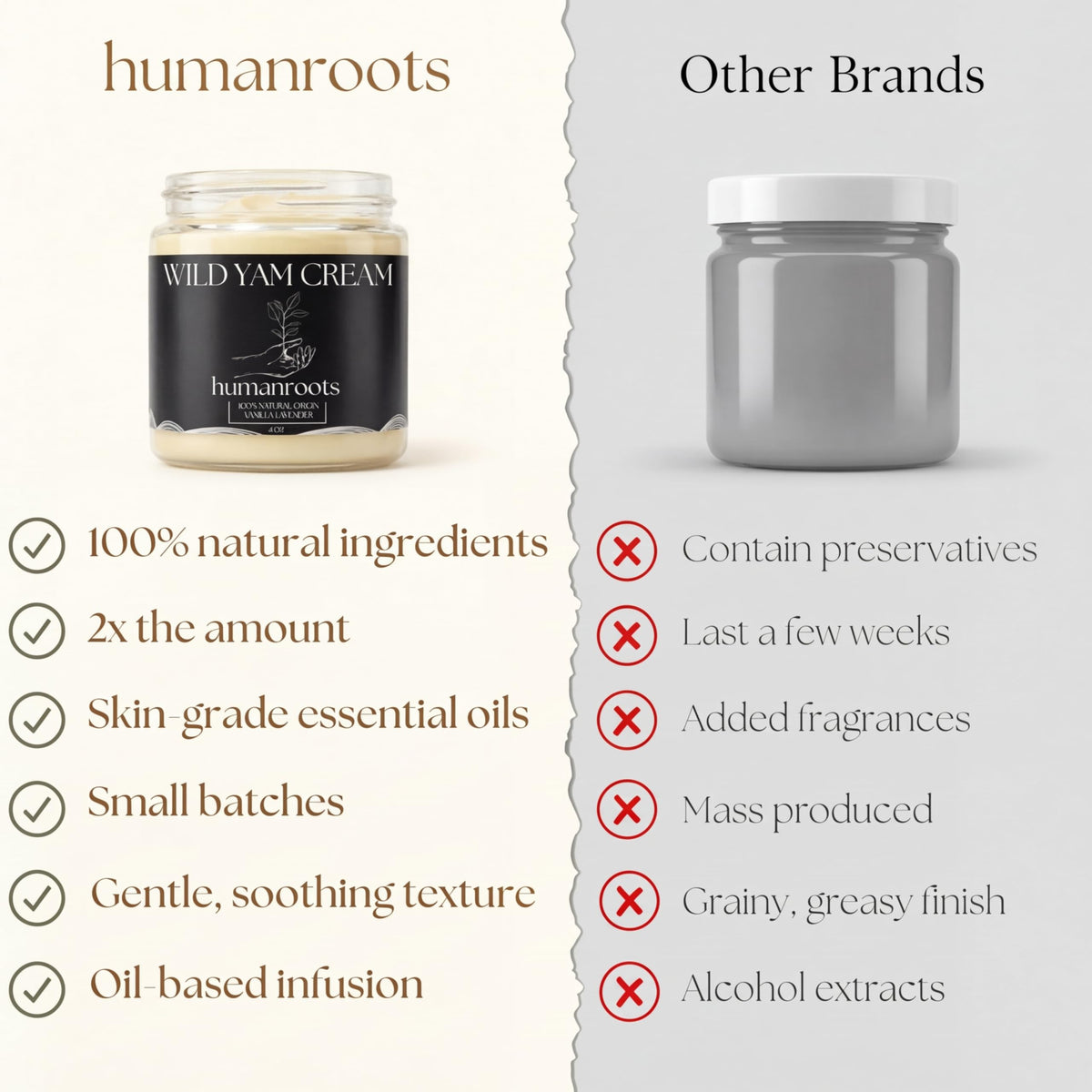 Humanroots Wild Yam Cream creamy swirl illustrates vanilla lavender scent ready for routine.