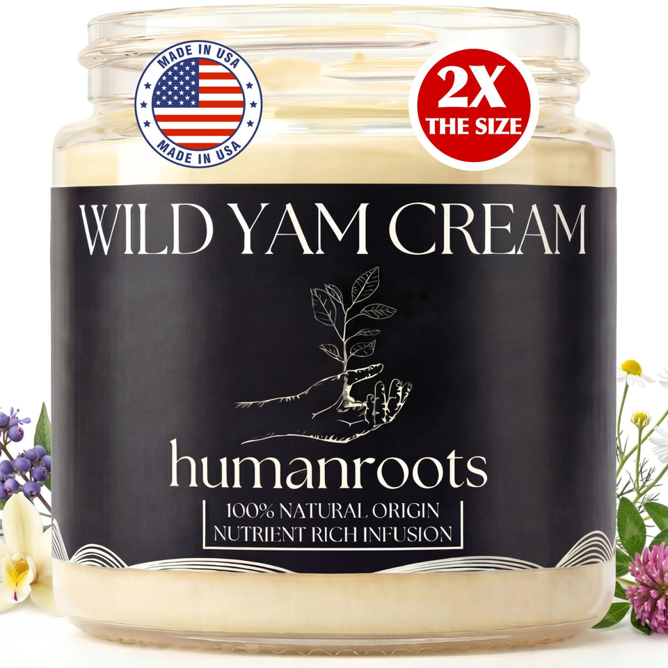Humanroots Wild Yam Cream bottle with vanilla lavender for daily balance.