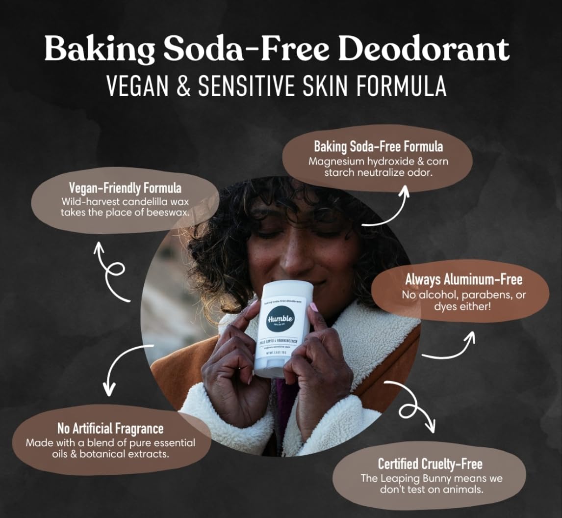 Humble deodorant no aluminum visuals underscore cruelty-free and planet-friendly values.