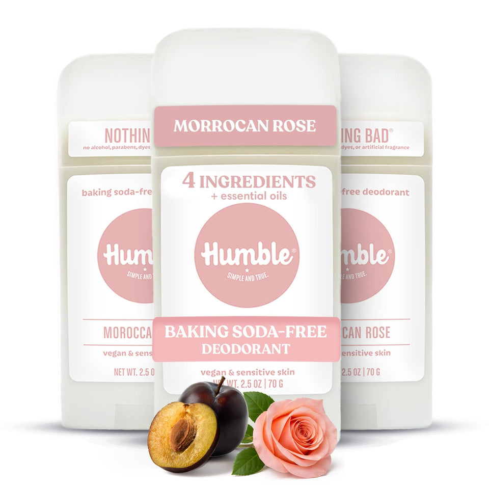 Humble Moroccan Rose deodorant packaging highlights a simple, aluminum-free formula for sensitive skin.