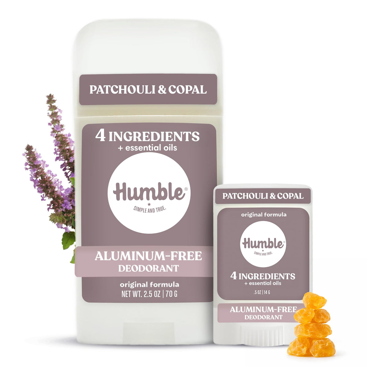 Humble Patchouli Copal deodorant stick in full-size packaging for daily odor control.