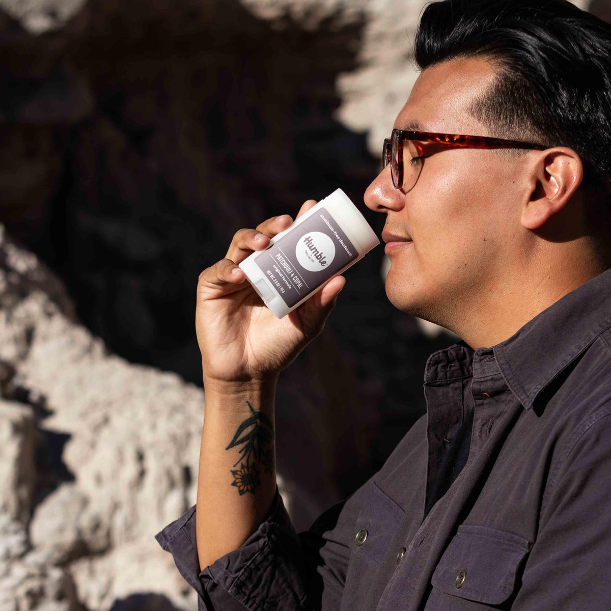 Humble Patchouli Copal deodorant stick in travel size for on-the-go freshness.