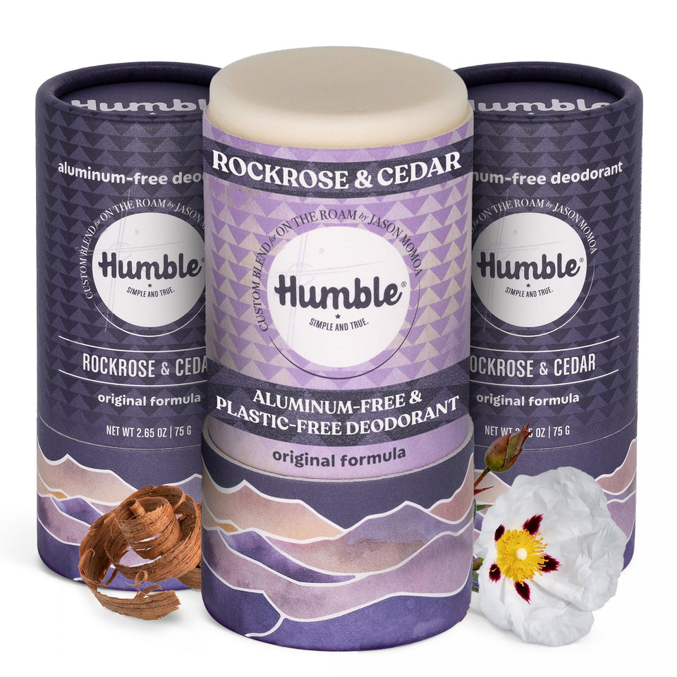 Humble Rockrose Cedar deodorant stick close-up shows aluminum-free protection.