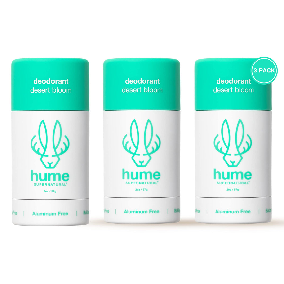Hume Supernatural Desert Bloom bottle highlights probiotic roll-on formula for long-lasting freshness.