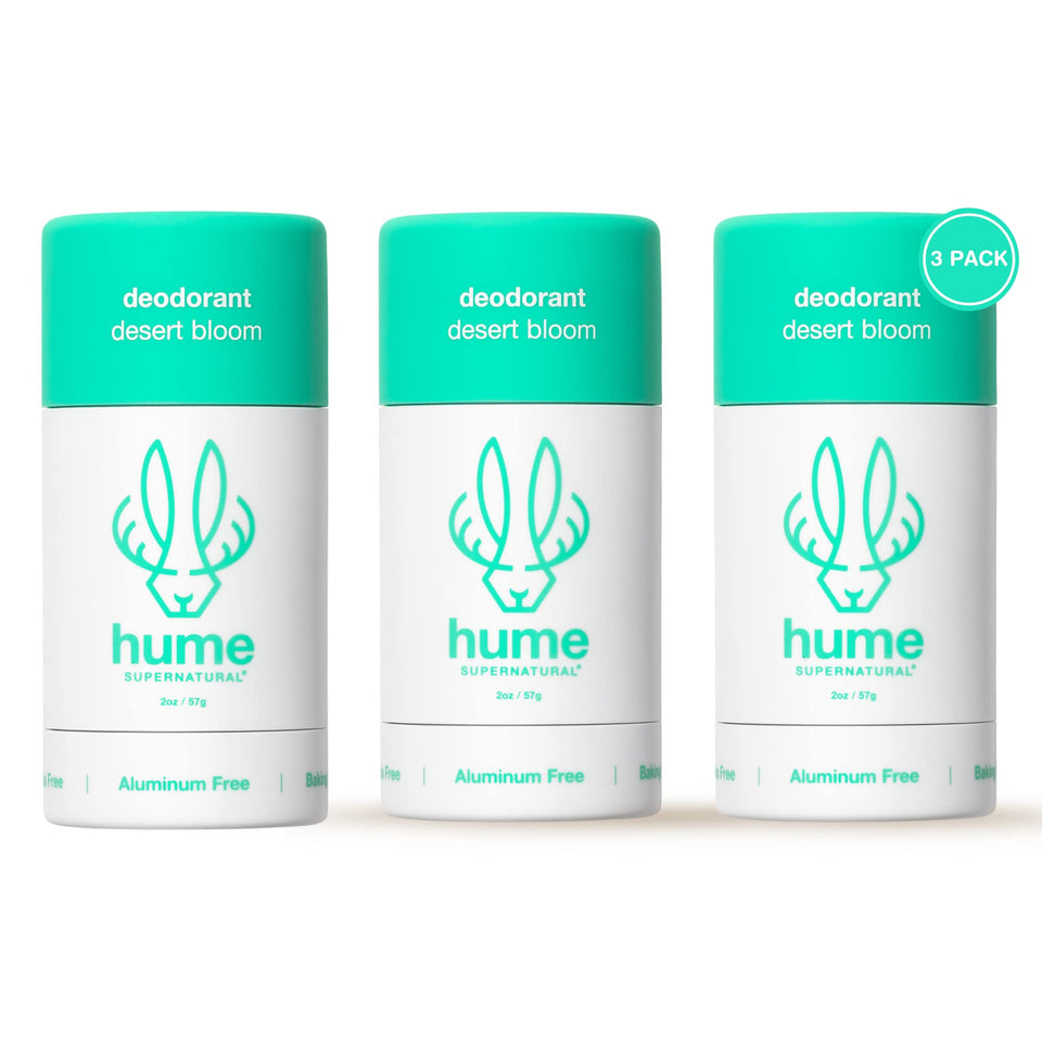 Hume Supernatural Desert Bloom bottle highlights probiotic roll-on formula for long-lasting freshness.